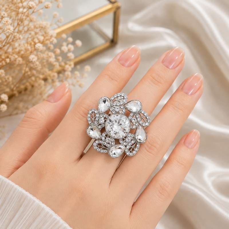Silver Sparkling Floral Crystal Adjustable Ring for Women in Pakistan – Zawere