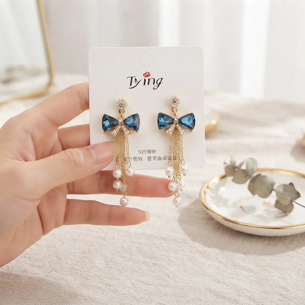 Elegant Blue Bow Tassel Earrings - Luxury Jewellery Collection - Bow Earrings - BXK
