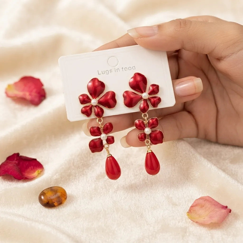 Bold Red Floral Dangle Earrings | Statement Fashion Jewellery - Red flower Earrings -BXK