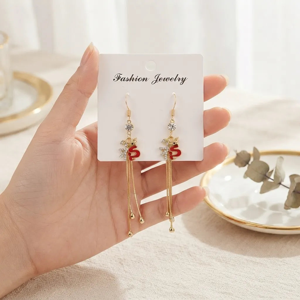 Red Accent Charm & Tassel Chain Drop Earrings - Long Earrings -BXK