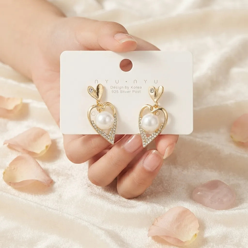Elegant Pearl Heart Dangle Earrings | Romantic Gold Fashion Jewellery - heart Earrings - BXK